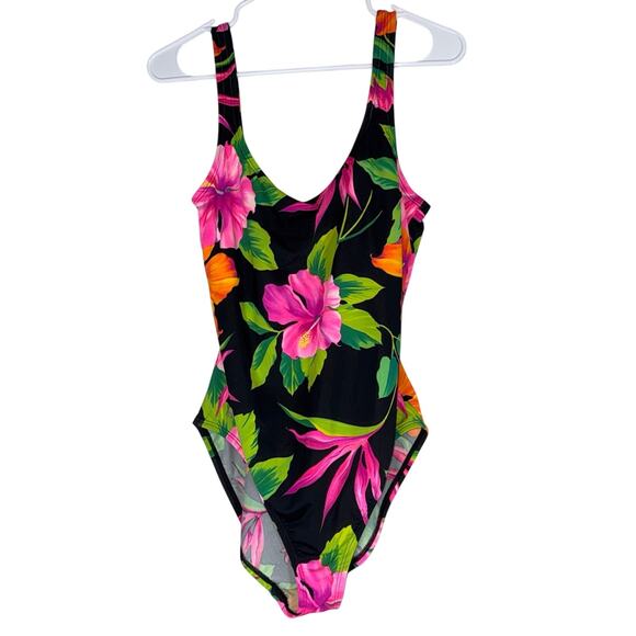 Speedo Black Tropical Floral One-Piece Swimsuit Womens 16 High Leg High Cut Neon - Picture 1 of 7